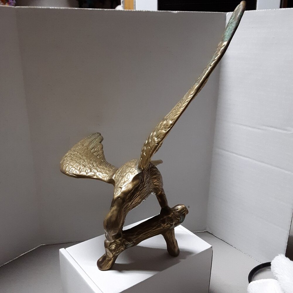 Vintage Brass Eagle on Branch Statue Sculpture Figure 10.75 inch Wingspan RARE